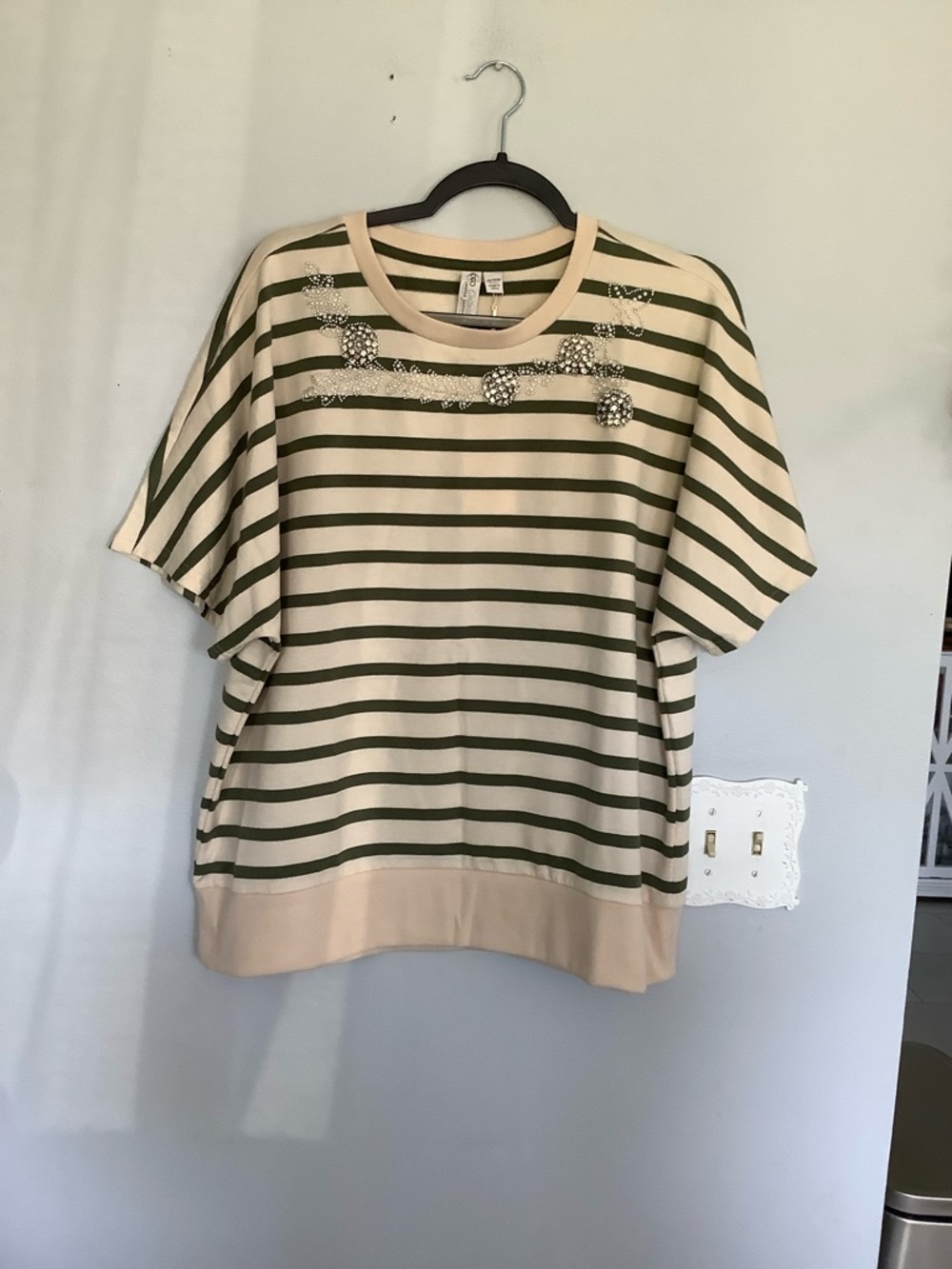 Cato Cream and Olive Striped Short Sleeve Top with Beaded Detail